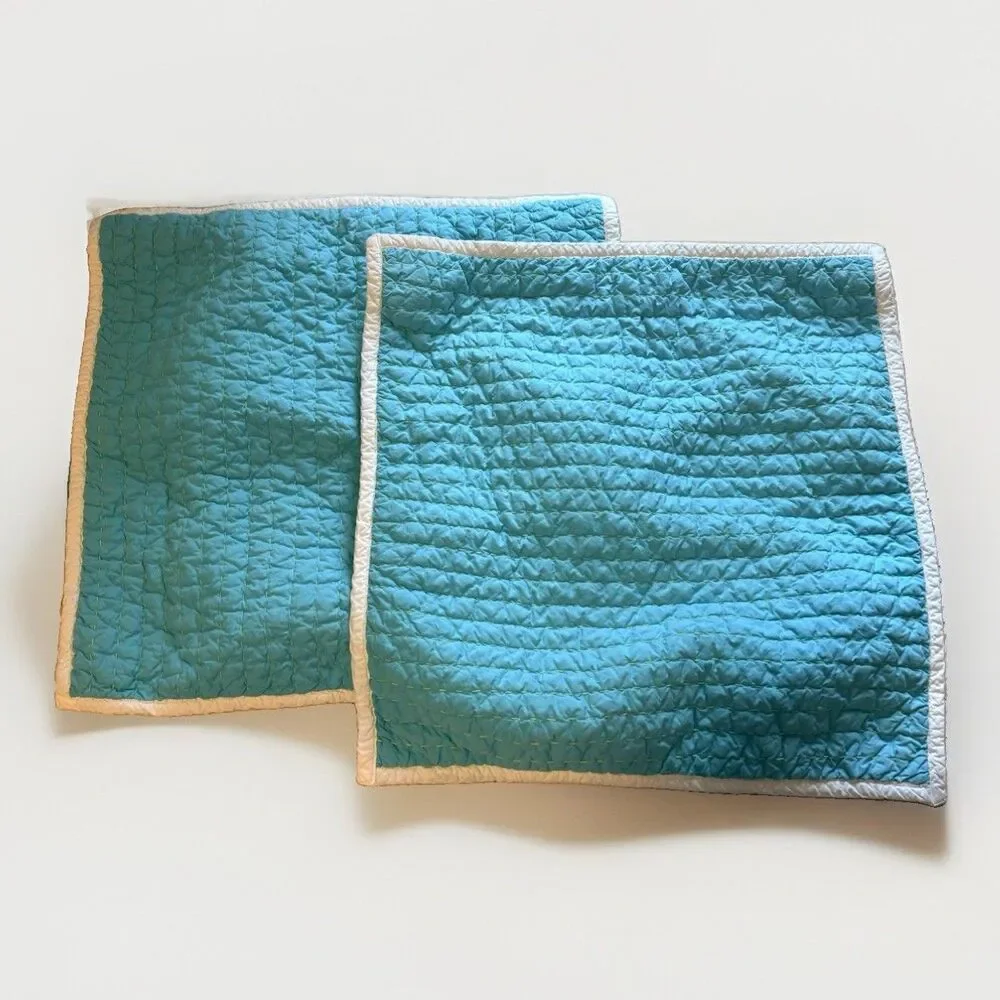 (2) Serena & Lily Euro Pillow Shams Set Cabin Quilted Aqua Turquoise Lime White